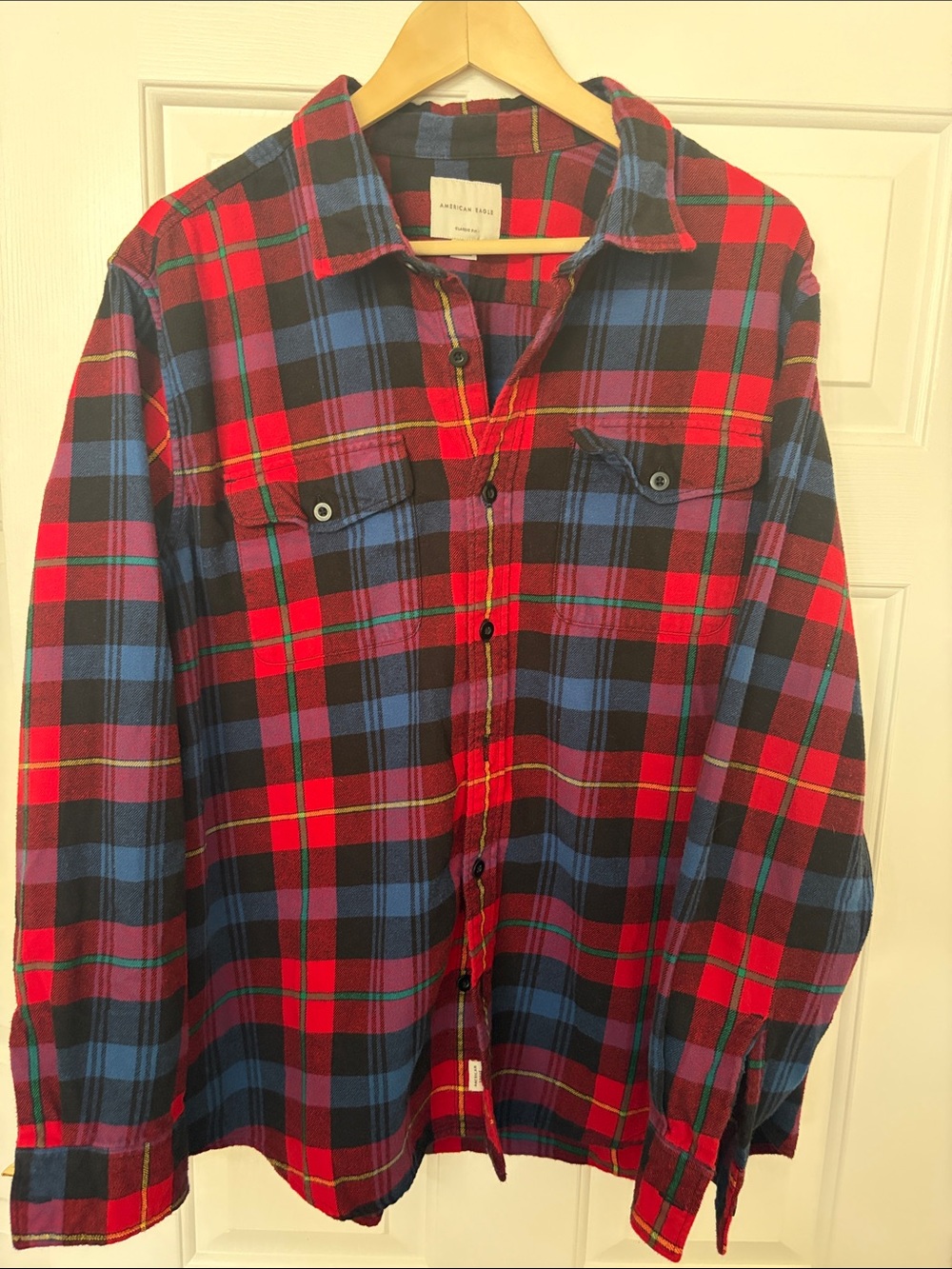 American Eagle Outfitters Red, Blue and Black Plaid Button-Down Shirt